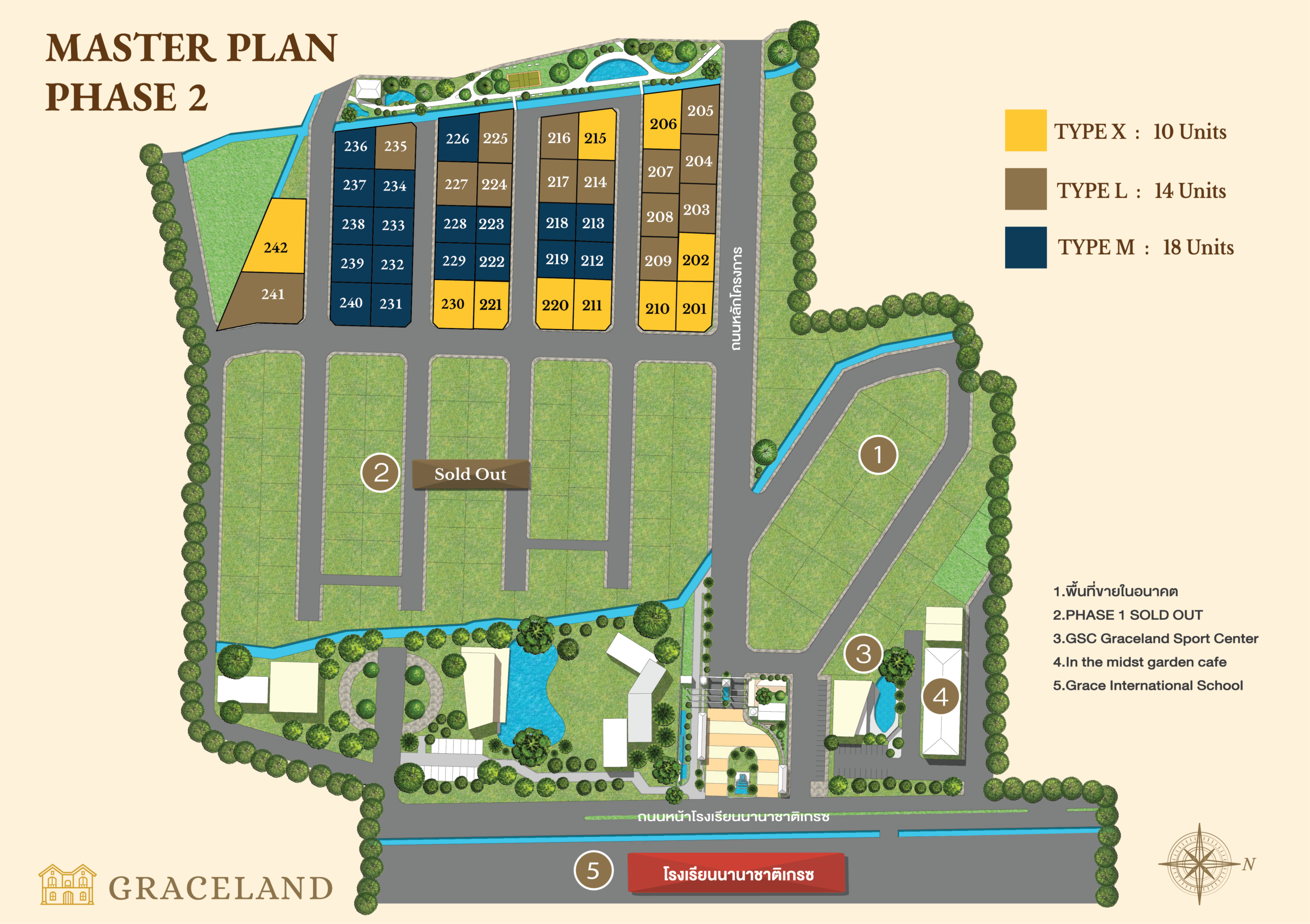 ผังโครงการรวมแสดงตำแหน่งบ้านและพื้นที่ส่วนกลางทั้งเฟส 1 และเฟส 2